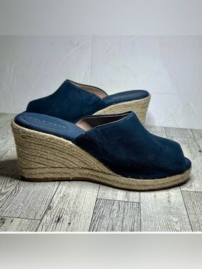 Cole Haan Women's Navy Peep Toe Wedge Espadrille Mules Size 9 1/2